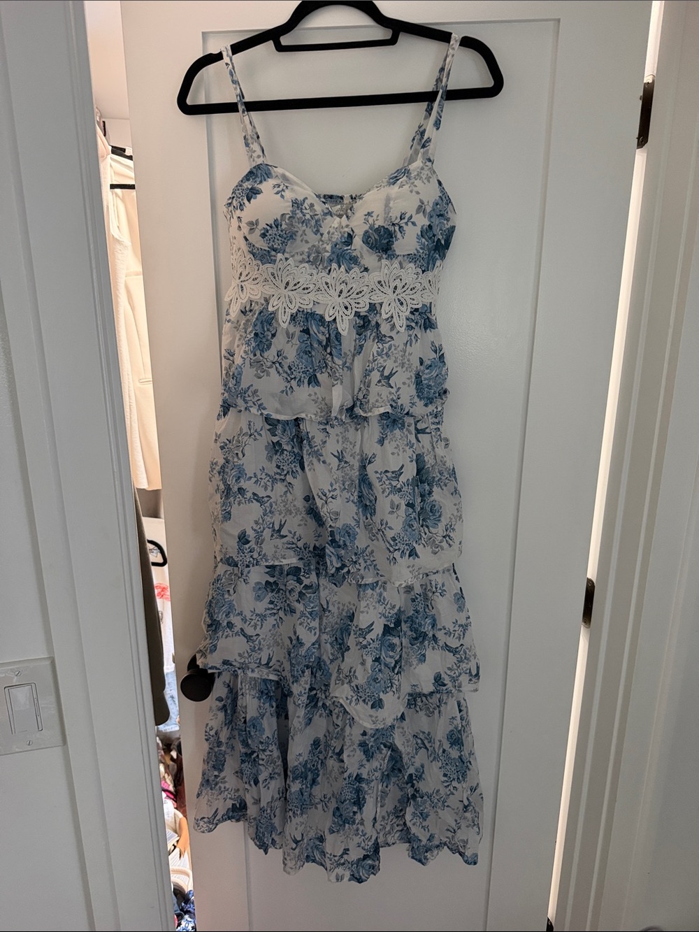 Altared State White and Blue Floral Tiered Maxi Dress with Lace Waist & cups
